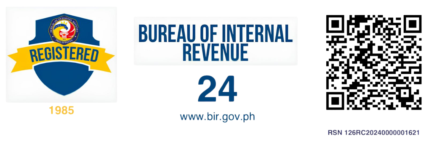 BIR registered business badge with verification QR code, RSN 126RC20240000001621